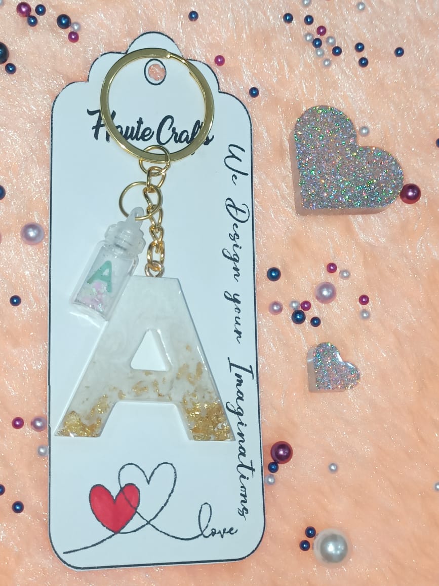 Haute Crafts White With Golden ("A")- with Glass Bottle, Resin Alphabet Initial Letter Keychain Key Ring for Women Girls Purse Handbags, Bike, Car Keyring ("A")