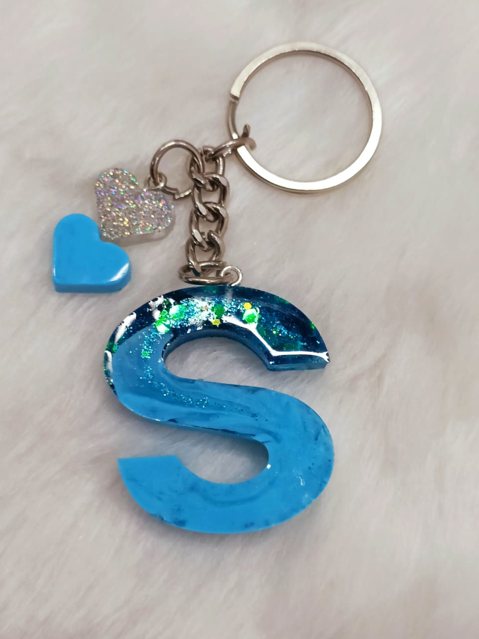 Haute Crafts Shiny Sky Blue With Small Hearts ("S") Resin Alphabet Initial Letter Keychain Key Ring for Women Girls Purse Handbags ("S")