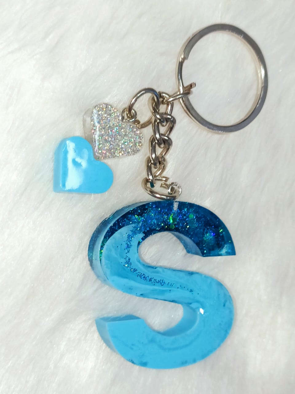 Haute Crafts Shiny Sky Blue With Small Hearts ("S") Resin Alphabet Initial Letter Keychain Key Ring for Women Girls Purse Handbags ("S")