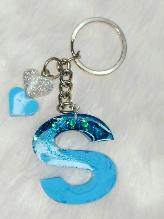Haute Crafts Shiny Sky Blue With Small Hearts ("S") Resin Alphabet Initial Letter Keychain Key Ring for Women Girls Purse Handbags ("S")