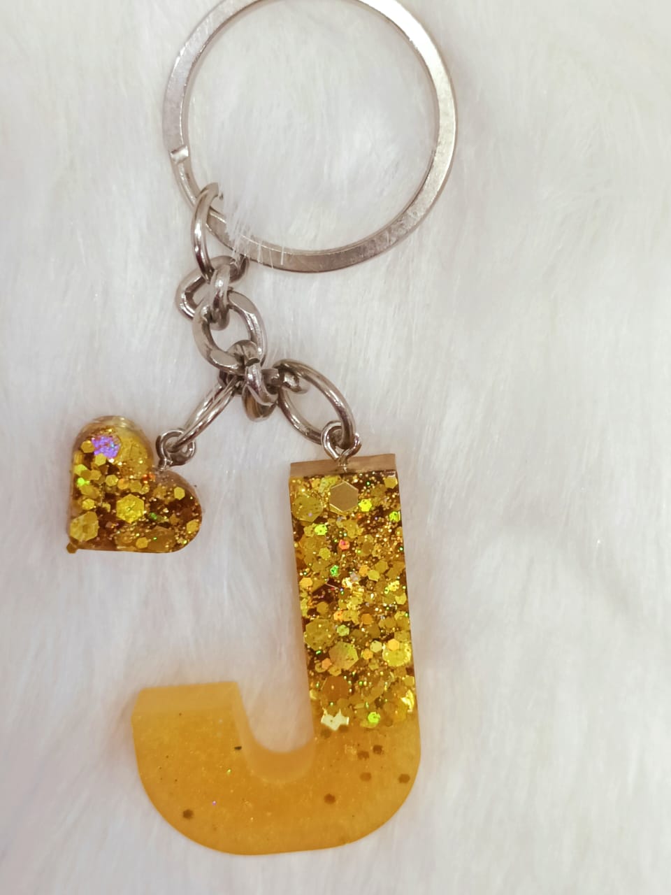 Haute Crafts Shiny Golden With Small Heart ("J") Resin Alphabet Initial Letter Keychain Key Ring for Women Girls Purse Handbags ("J")