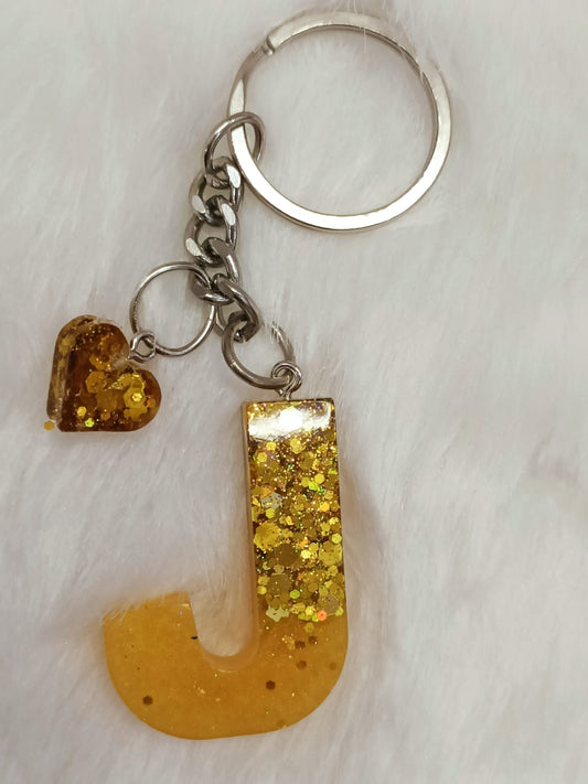 Haute Crafts Shiny Golden With Small Heart ("J") Resin Alphabet Initial Letter Keychain Key Ring for Women Girls Purse Handbags ("J")