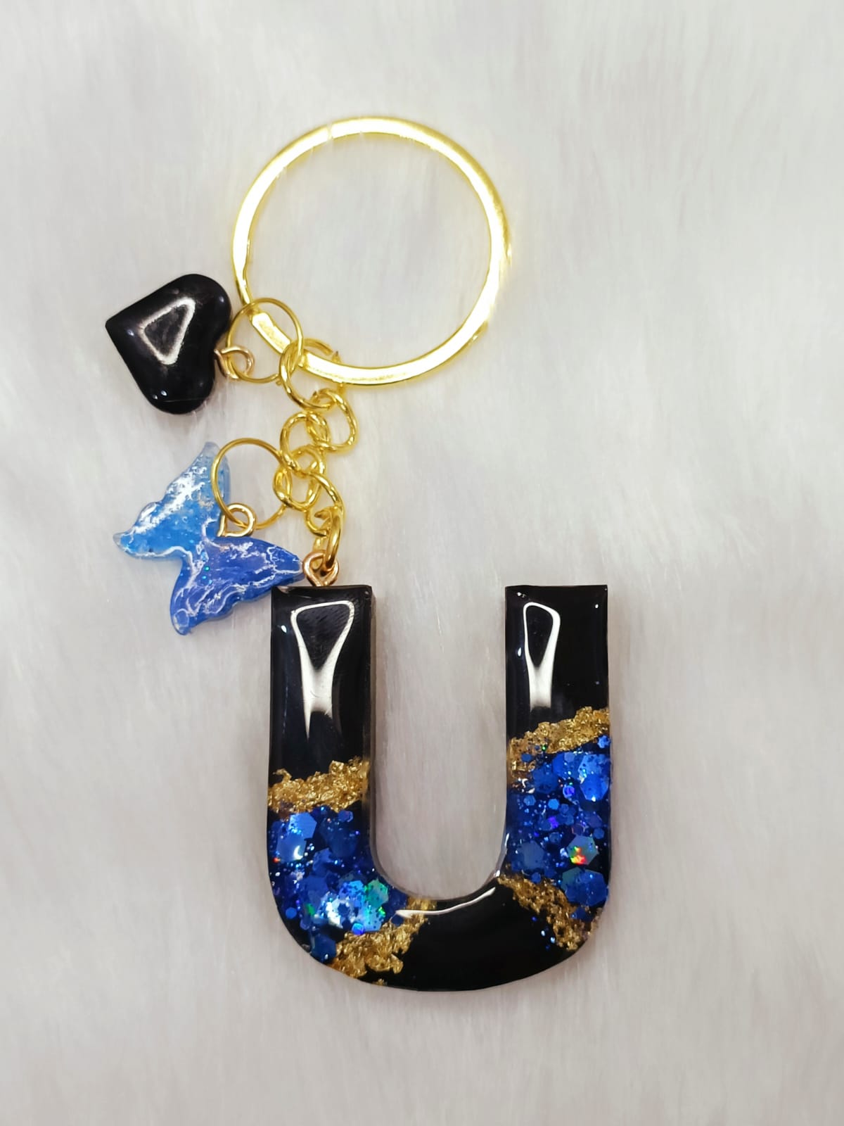 Haute Crafts Shiny Blue & Black With Small Heart & Butterfly ("U") Resin Alphabet Initial Letter Keychain Key Ring for Women Girls Purse Handbags ("U")