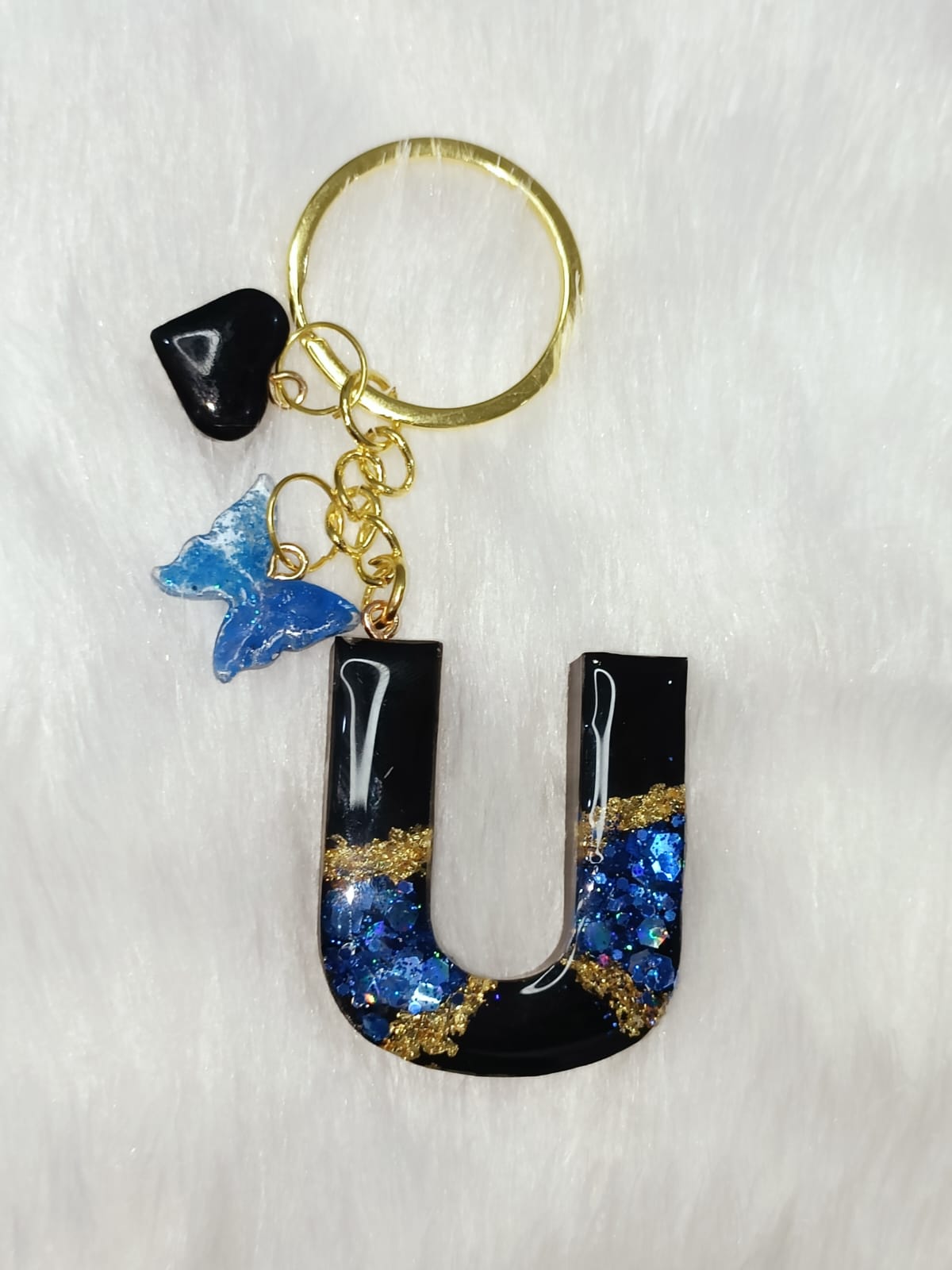 Haute Crafts Shiny Blue & Black With Small Heart & Butterfly ("U") Resin Alphabet Initial Letter Keychain Key Ring for Women Girls Purse Handbags ("U")