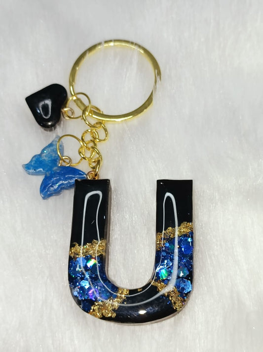 Haute Crafts Shiny Blue & Black With Small Heart & Butterfly ("U") Resin Alphabet Initial Letter Keychain Key Ring for Women Girls Purse Handbags ("U")