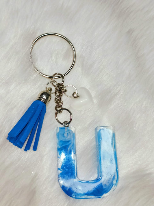 Haute Crafts Sky Blue & White With Small Heart & Tassel ("U") Resin Alphabet Initial Letter Keychain Key Ring for Women Girls Purse Handbags ("U")