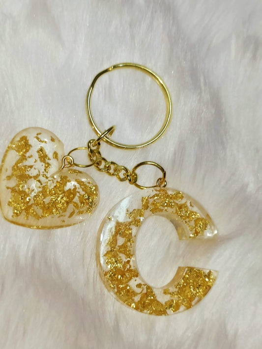 Haute Crafts Golden ("C")- with Big golden Heart, Resin Alphabet Initial Letter Keychain Key Ring for Women Girls Purse Handbags, Bike, Car Keyring ("C")