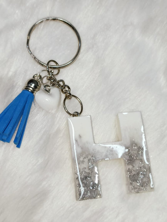 Haute Crafts White & Silver ("H")- with small Heart, Resin Alphabet Initial Letter Keychain Key Ring for Women Girls Purse Handbags, Bike, Car Keyring ("H")