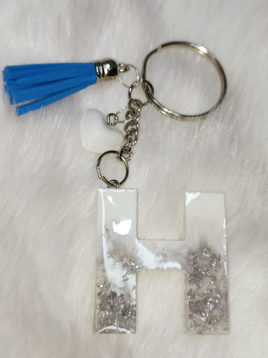 Haute Crafts White & Silver ("H")- with small Heart, Resin Alphabet Initial Letter Keychain Key Ring for Women Girls Purse Handbags, Bike, Car Keyring ("H")