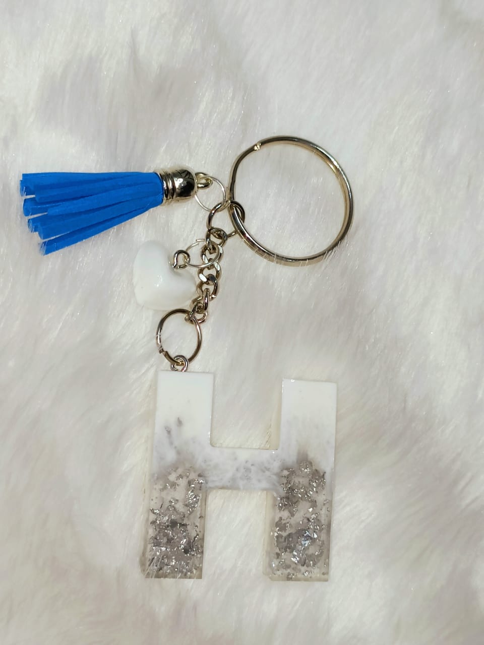 Haute Crafts White & Silver ("H")- with small Heart, Resin Alphabet Initial Letter Keychain Key Ring for Women Girls Purse Handbags, Bike, Car Keyring ("H")