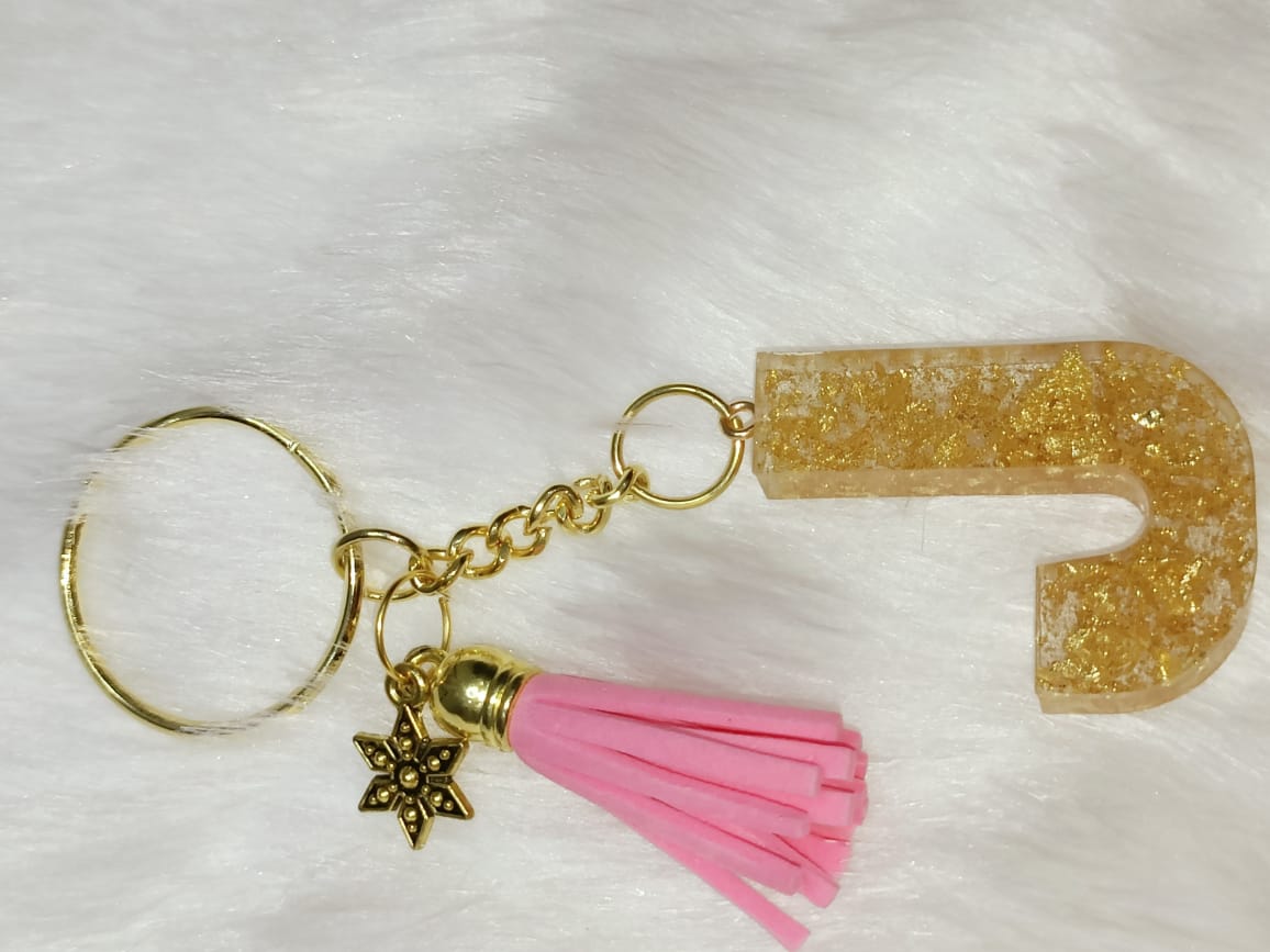 Haute Crafts Shiny Golden With Small Star & Tassel ("J") Resin Alphabet Initial Letter Keychain Key Ring for Women Girls Purse Handbags ("J")