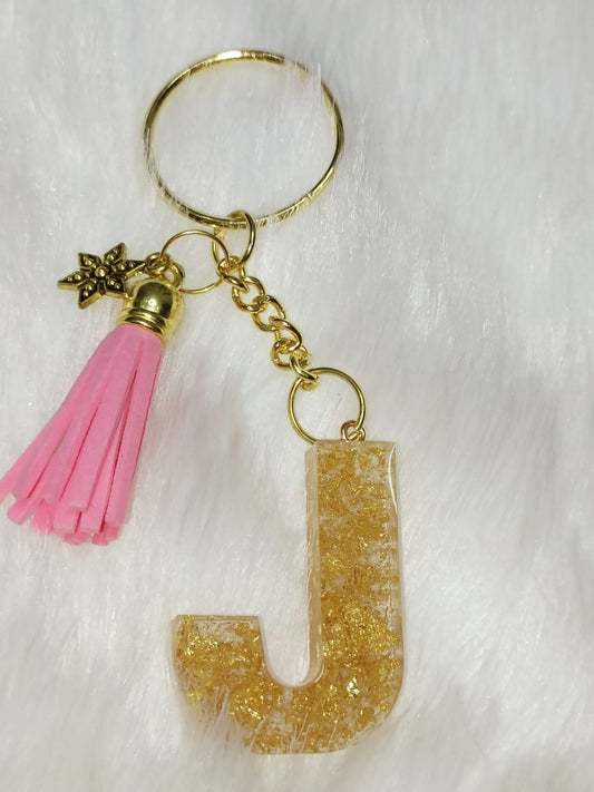 Haute Crafts Shiny Golden With Small Star & Tassel ("J") Resin Alphabet Initial Letter Keychain Key Ring for Women Girls Purse Handbags ("J")