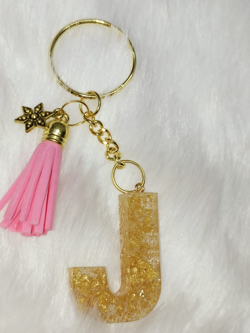 Haute Crafts Shiny Golden With Small Star & Tassel ("J") Resin Alphabet Initial Letter Keychain Key Ring for Women Girls Purse Handbags ("J")