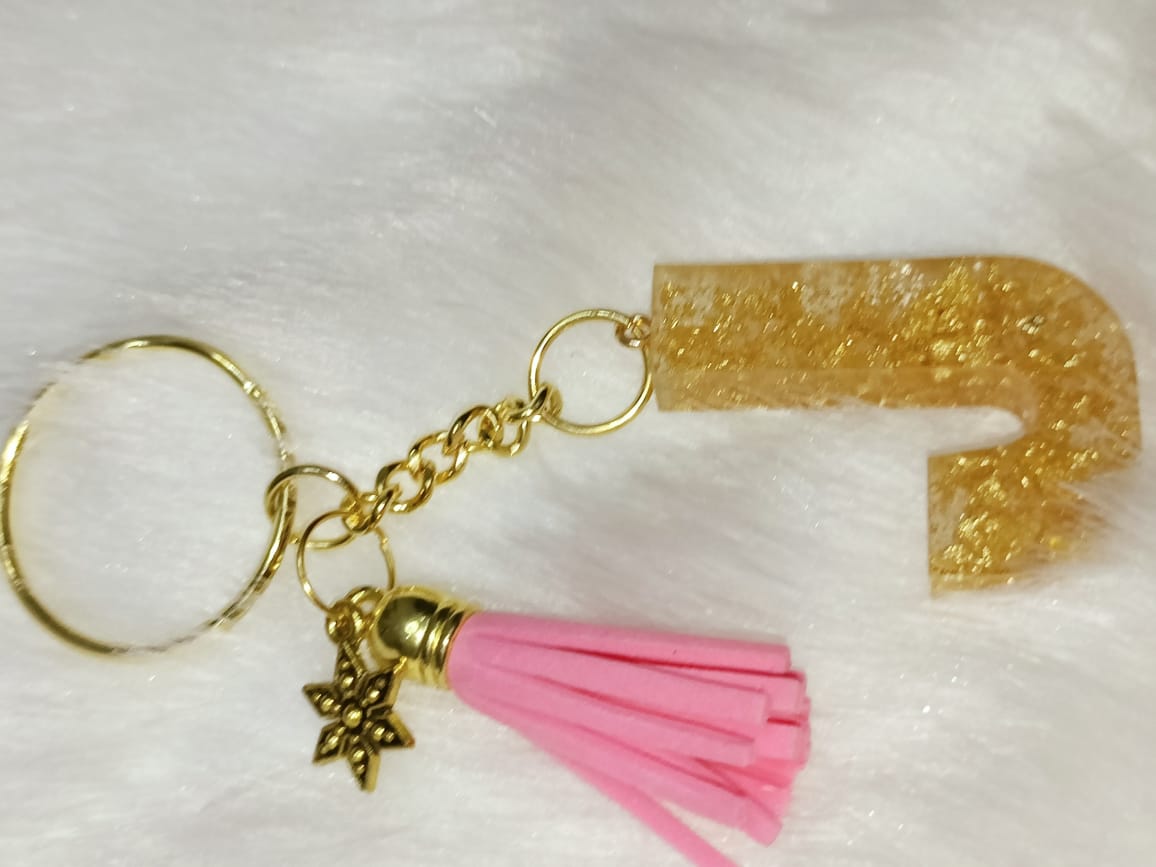 Haute Crafts Shiny Golden With Small Star & Tassel ("J") Resin Alphabet Initial Letter Keychain Key Ring for Women Girls Purse Handbags ("J")