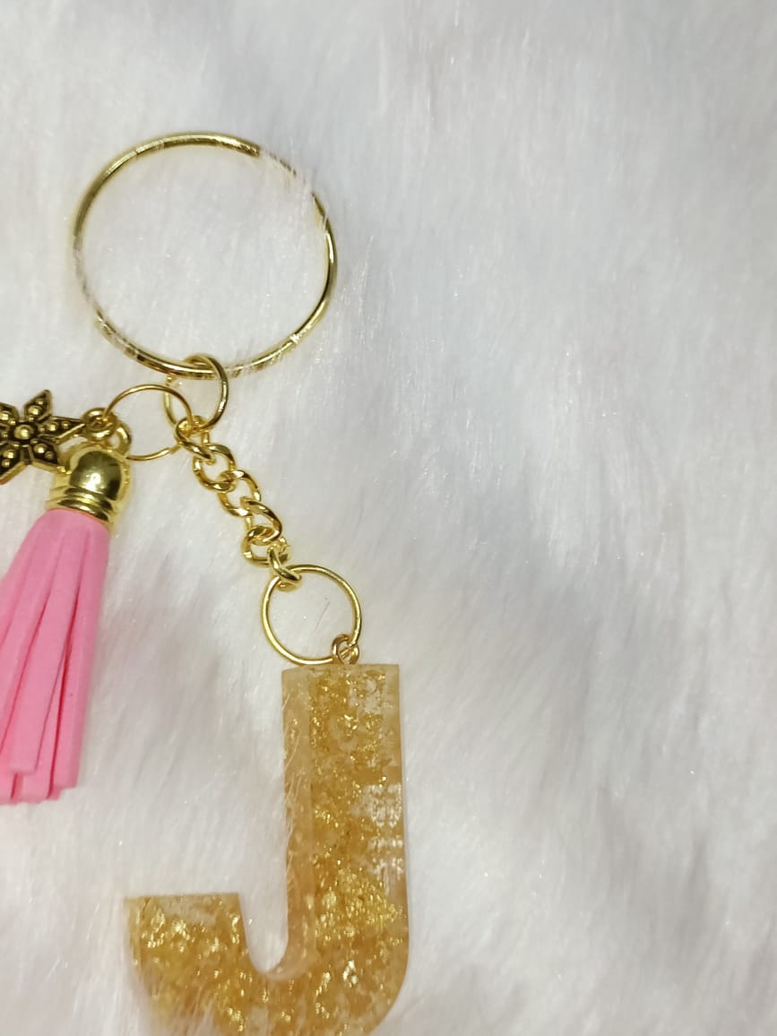 Haute Crafts Shiny Golden With Small Star & Tassel ("J") Resin Alphabet Initial Letter Keychain Key Ring for Women Girls Purse Handbags ("J")