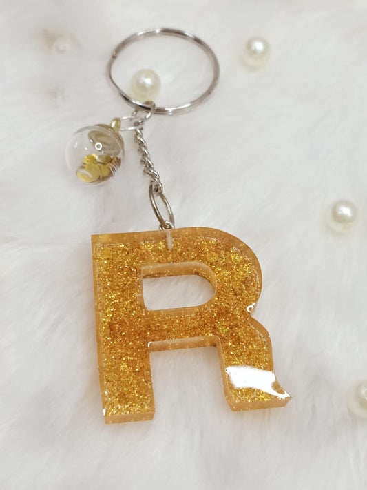 Haute Crafts Shiny Glittery Golden ("R")- with small Glass Ball, Resin Alphabet Initial Letter Keychain Key Ring for Women Girls Purse Handbags, Bike, Car Keyring ("R")