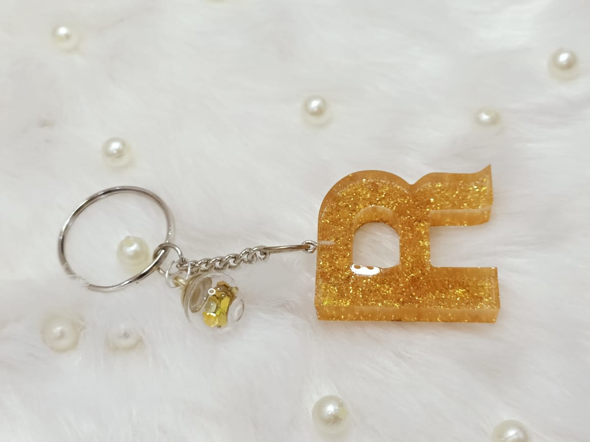 Haute Crafts Shiny Glittery Golden ("R")- with small Glass Ball, Resin Alphabet Initial Letter Keychain Key Ring for Women Girls Purse Handbags, Bike, Car Keyring ("R")