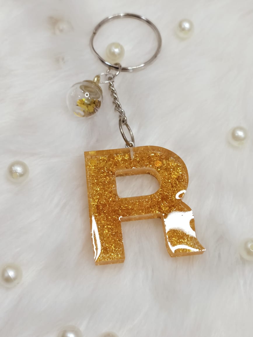 Haute Crafts Shiny Glittery Golden ("R")- with small Glass Ball, Resin Alphabet Initial Letter Keychain Key Ring for Women Girls Purse Handbags, Bike, Car Keyring ("R")