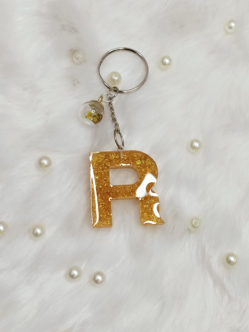 Haute Crafts Shiny Glittery Golden ("R")- with small Glass Ball, Resin Alphabet Initial Letter Keychain Key Ring for Women Girls Purse Handbags, Bike, Car Keyring ("R")