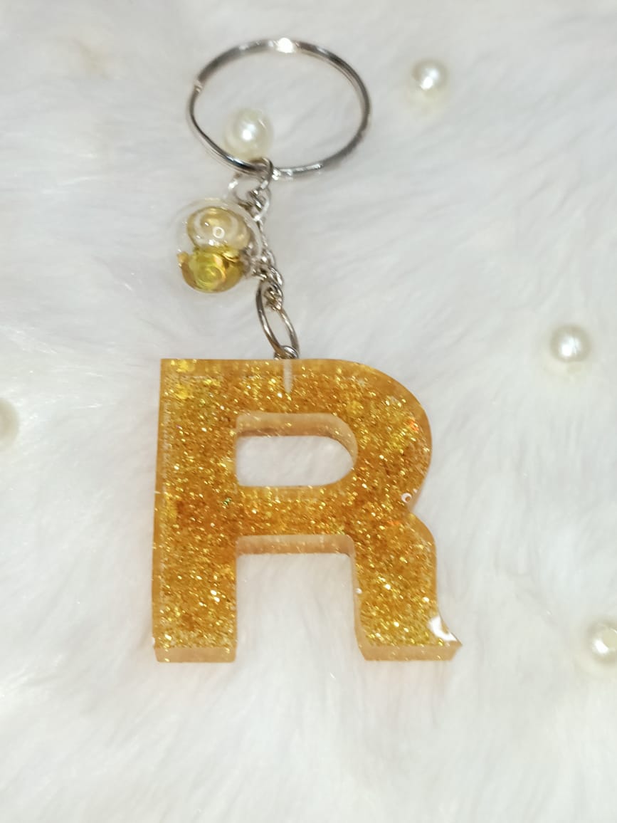 Haute Crafts Shiny Glittery Golden ("R")- with small Glass Ball, Resin Alphabet Initial Letter Keychain Key Ring for Women Girls Purse Handbags, Bike, Car Keyring ("R")