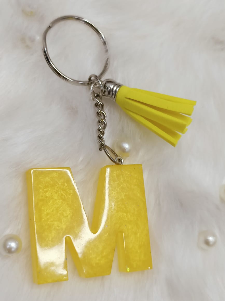 Haute Crafts Shiny Yellow ("M")- with Yellow Tassel, Resin Alphabet Initial Letter Keychain Key Ring for Women Girls Purse Handbags, Bike, Car Keyring ("M")