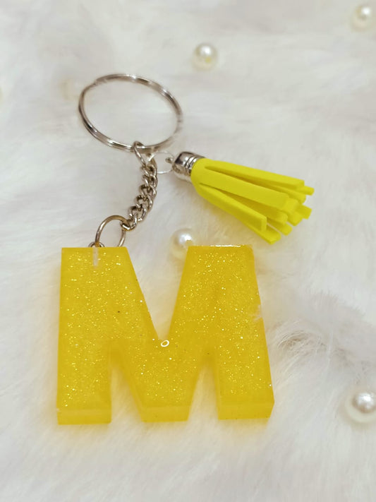 Haute Crafts Shiny Yellow ("M")- with Yellow Tassel, Resin Alphabet Initial Letter Keychain Key Ring for Women Girls Purse Handbags, Bike, Car Keyring ("M")