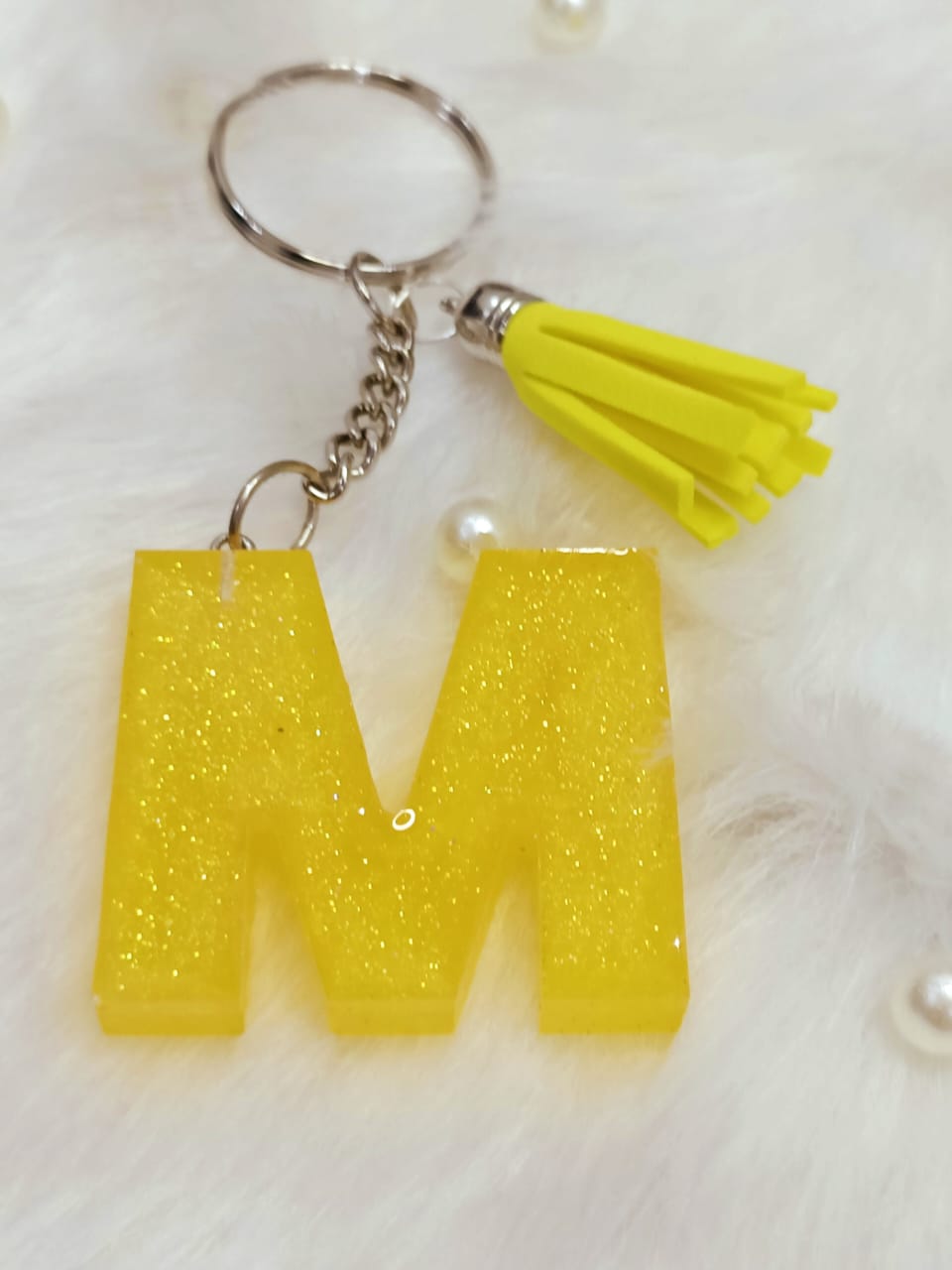 Haute Crafts Shiny Yellow ("M")- with Yellow Tassel, Resin Alphabet Initial Letter Keychain Key Ring for Women Girls Purse Handbags, Bike, Car Keyring ("M")