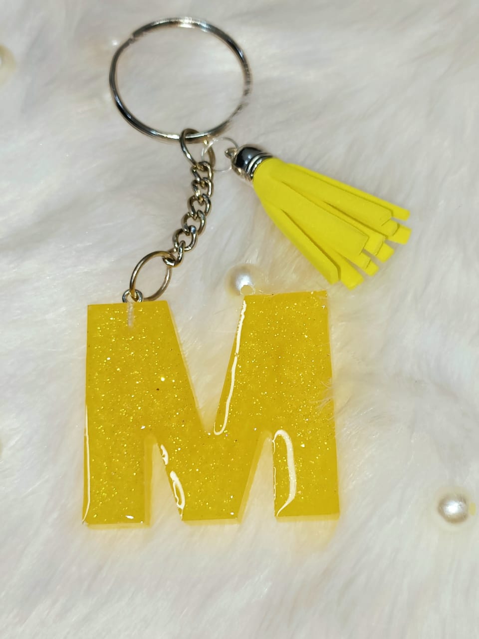 Haute Crafts Shiny Yellow ("M")- with Yellow Tassel, Resin Alphabet Initial Letter Keychain Key Ring for Women Girls Purse Handbags, Bike, Car Keyring ("M")