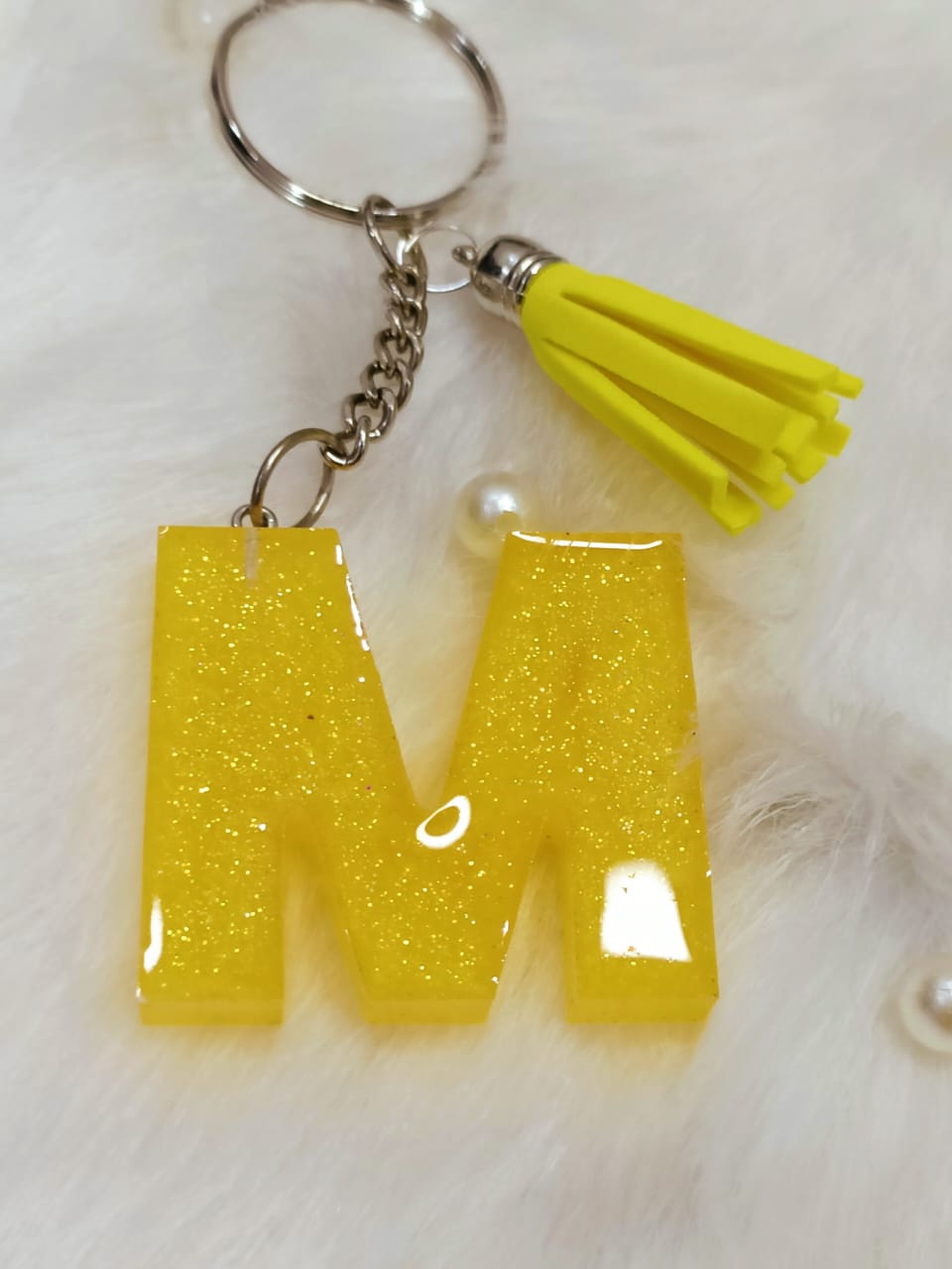 Haute Crafts Shiny Yellow ("M")- with Yellow Tassel, Resin Alphabet Initial Letter Keychain Key Ring for Women Girls Purse Handbags, Bike, Car Keyring ("M")