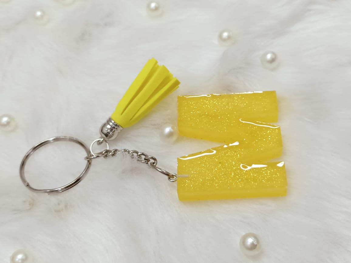 Haute Crafts Shiny Yellow ("M")- with Yellow Tassel, Resin Alphabet Initial Letter Keychain Key Ring for Women Girls Purse Handbags, Bike, Car Keyring ("M")