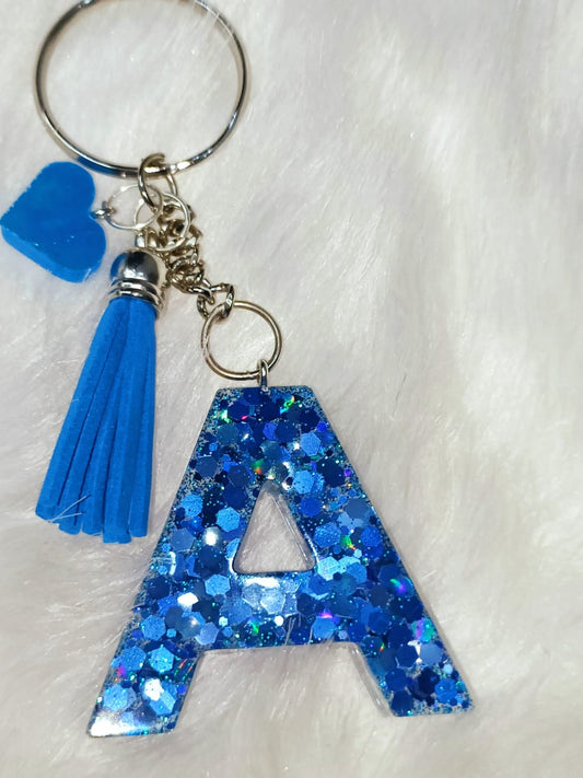 Haute Crafts Shiny Glittery Blue ("A")- with small Heart & Blue Tassel, Resin Alphabet Initial Letter Keychain Key Ring for Women Girls Purse Handbags, Bike, Car Keyring ("A")