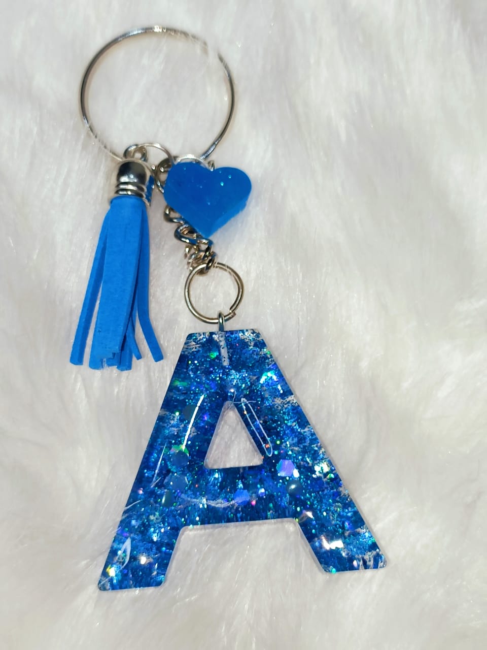 Haute Crafts Shiny Glittery Blue ("A")- with small Heart & Blue Tassel, Resin Alphabet Initial Letter Keychain Key Ring for Women Girls Purse Handbags, Bike, Car Keyring ("A")