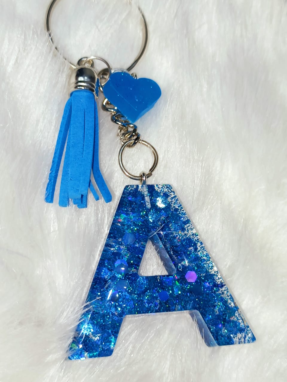 Haute Crafts Shiny Glittery Blue ("A")- with small Heart & Blue Tassel, Resin Alphabet Initial Letter Keychain Key Ring for Women Girls Purse Handbags, Bike, Car Keyring ("A")