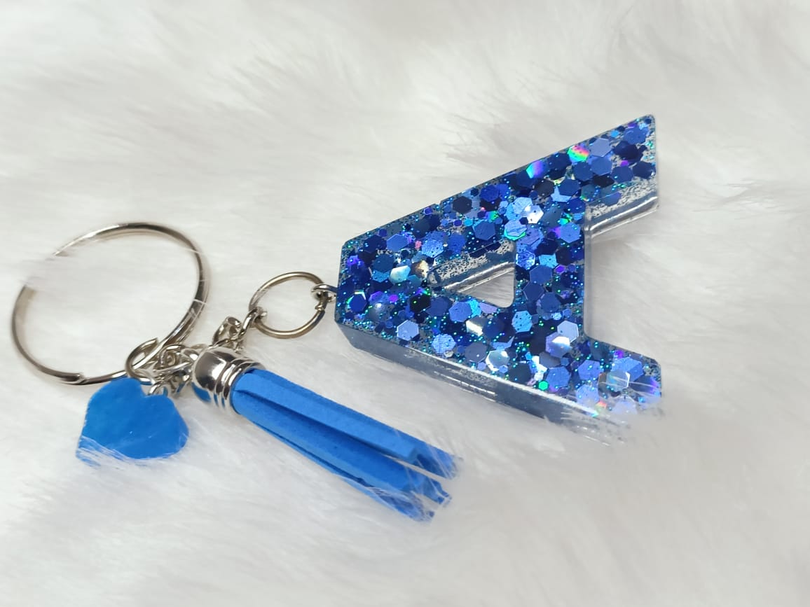 Haute Crafts Shiny Glittery Blue ("A")- with small Heart & Blue Tassel, Resin Alphabet Initial Letter Keychain Key Ring for Women Girls Purse Handbags, Bike, Car Keyring ("A")