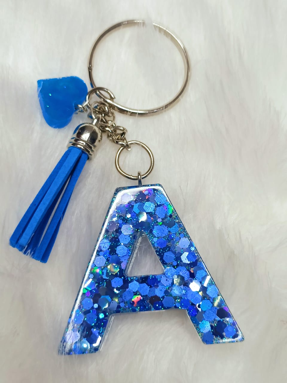 Haute Crafts Shiny Glittery Blue ("A")- with small Heart & Blue Tassel, Resin Alphabet Initial Letter Keychain Key Ring for Women Girls Purse Handbags, Bike, Car Keyring ("A")