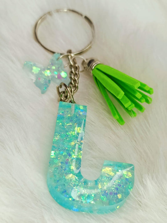 Haute Crafts Shiny Glittery Light Teal ("J")- with Butterfly & Tassel, Resin Alphabet Initial Letter Keychain Key Ring for Women Girls Purse Handbags, Bike, Car Keyring ("J")
