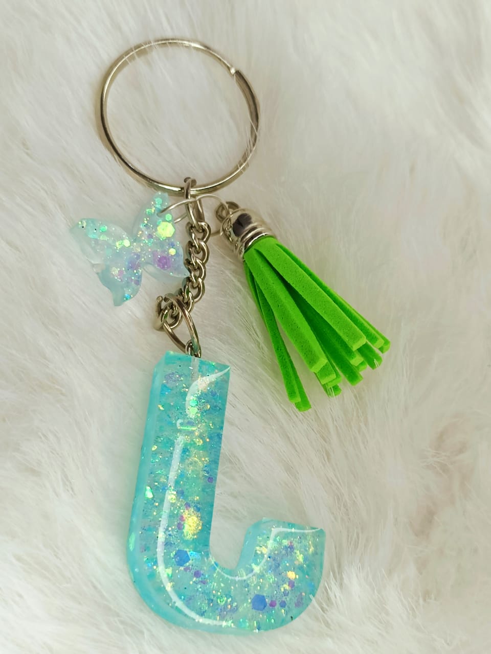 Haute Crafts Shiny Glittery Light Teal ("J")- with Butterfly & Tassel, Resin Alphabet Initial Letter Keychain Key Ring for Women Girls Purse Handbags, Bike, Car Keyring ("J")
