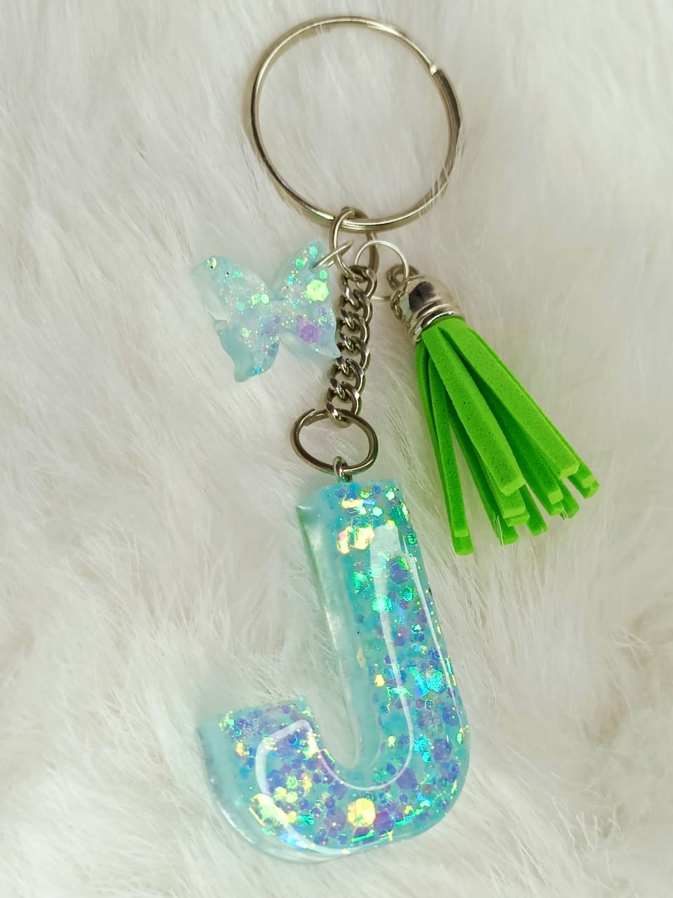 Haute Crafts Shiny Glittery Light Teal ("J")- with Butterfly & Tassel, Resin Alphabet Initial Letter Keychain Key Ring for Women Girls Purse Handbags, Bike, Car Keyring ("J")