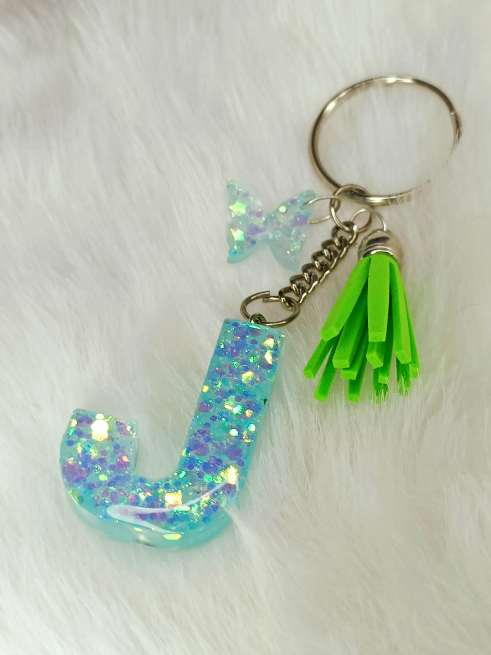 Haute Crafts Shiny Glittery Light Teal ("J")- with Butterfly & Tassel, Resin Alphabet Initial Letter Keychain Key Ring for Women Girls Purse Handbags, Bike, Car Keyring ("J")