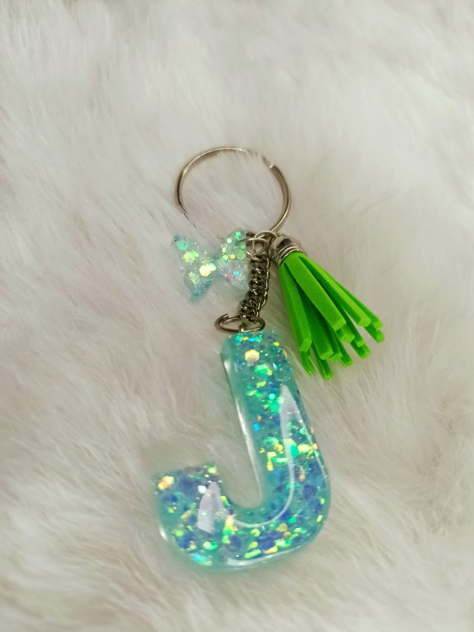 Haute Crafts Shiny Glittery Light Teal ("J")- with Butterfly & Tassel, Resin Alphabet Initial Letter Keychain Key Ring for Women Girls Purse Handbags, Bike, Car Keyring ("J")