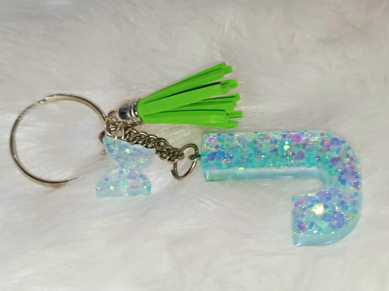 Haute Crafts Shiny Glittery Light Teal ("J")- with Butterfly & Tassel, Resin Alphabet Initial Letter Keychain Key Ring for Women Girls Purse Handbags, Bike, Car Keyring ("J")