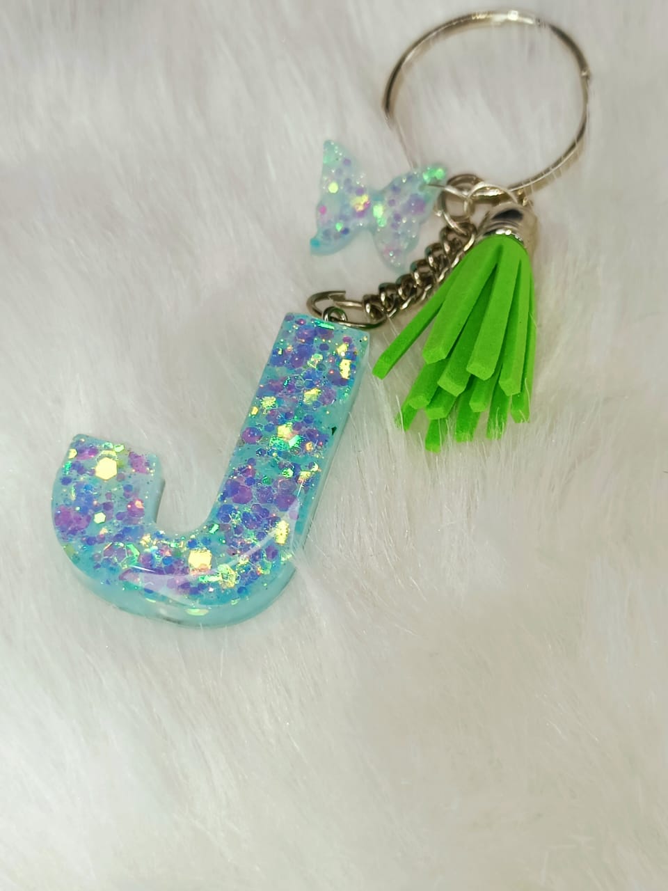 Haute Crafts Shiny Glittery Light Teal ("J")- with Butterfly & Tassel, Resin Alphabet Initial Letter Keychain Key Ring for Women Girls Purse Handbags, Bike, Car Keyring ("J")