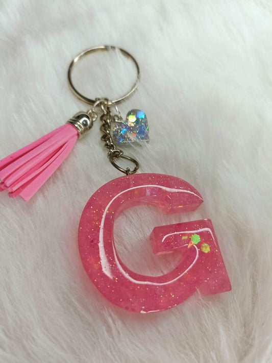 Haute Crafts Shiny Pink ("G") Resin Alphabet Initial Letter Keychain Key Ring for Women Girls Purse Handbags with Small Heart & Tassel ("G")