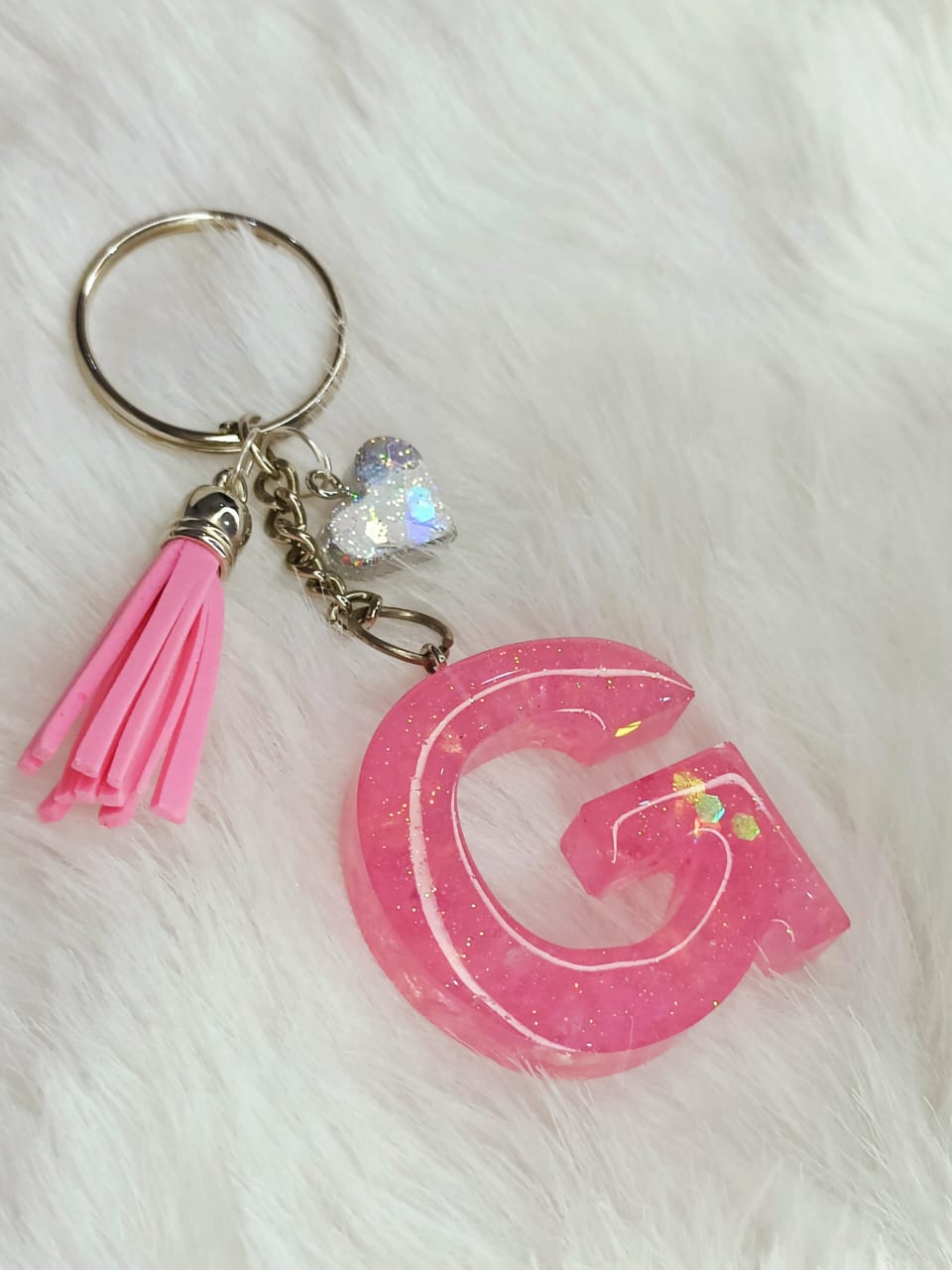 Haute Crafts Shiny Pink ("G") Resin Alphabet Initial Letter Keychain Key Ring for Women Girls Purse Handbags with Small Heart & Tassel ("G")