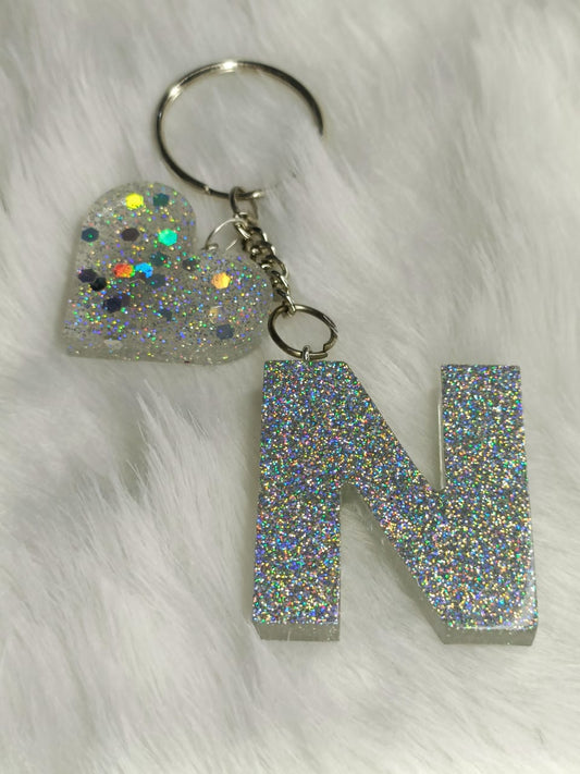 Haute Crafts Shiny Glittery Silver ("N")- with Big Heart, Resin Alphabet Initial Letter Keychain Key Ring for Women Girls Purse Handbags, Bike, Car Keyring, Home, Small Gifts, ("N")