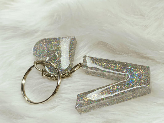 Haute Crafts Shiny Silver ("V")- with Heart, Resin Alphabet Initial Letter Keychain Key Ring for Women Girls Purse Handbags, Bike, Car Keyring ("V")