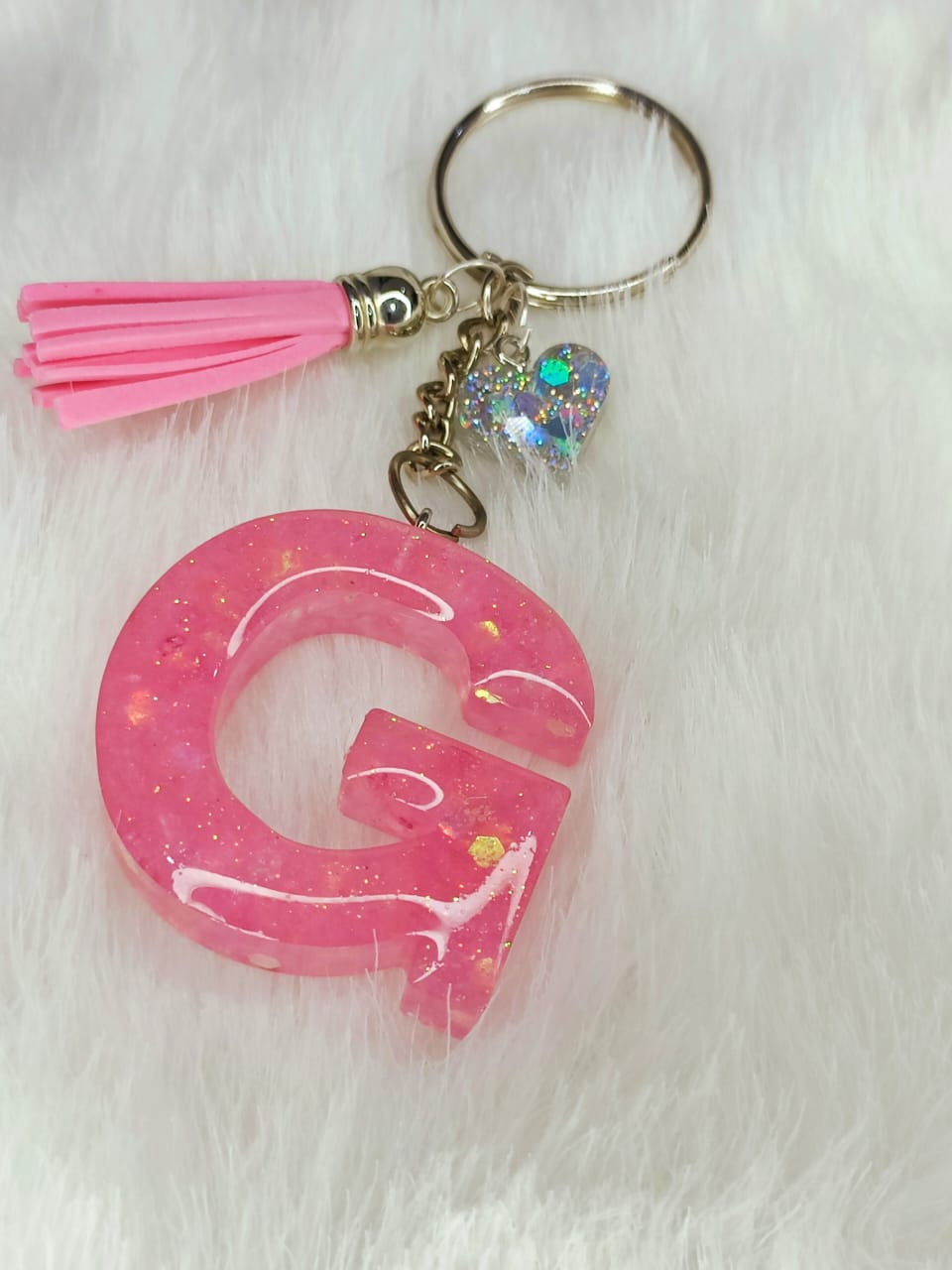 Haute Crafts Shiny Pink ("G") Resin Alphabet Initial Letter Keychain Key Ring for Women Girls Purse Handbags with Small Heart & Tassel ("G")