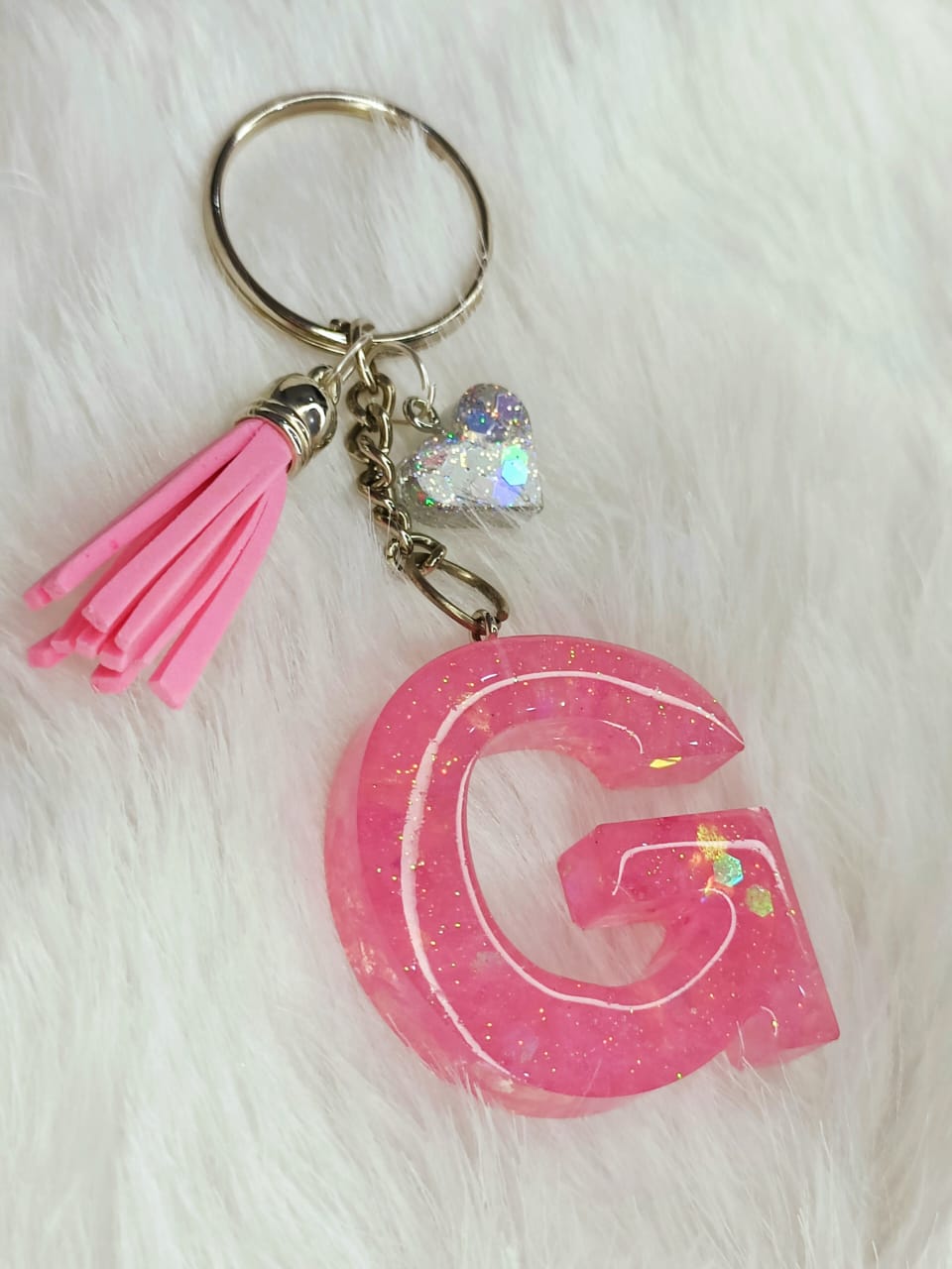 Haute Crafts Shiny Pink ("G") Resin Alphabet Initial Letter Keychain Key Ring for Women Girls Purse Handbags with Small Heart & Tassel ("G")