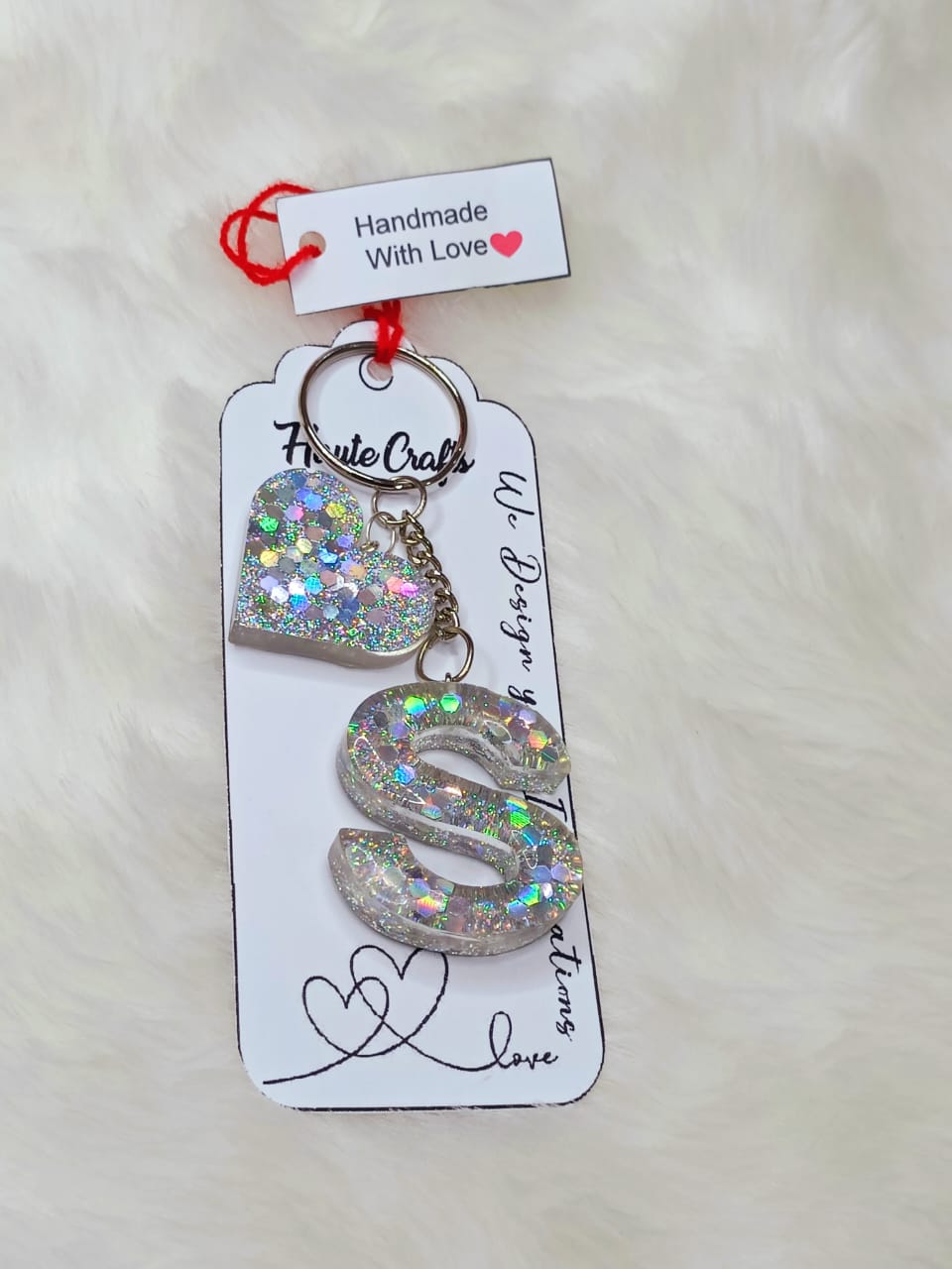 Haute Crafts Shiny Glittery Silver ("S")- with Big Heart, Resin Alphabet Initial Letter Keychain Key Ring for Women Girls Purse Handbags, Bike, Car Keyring ("S")