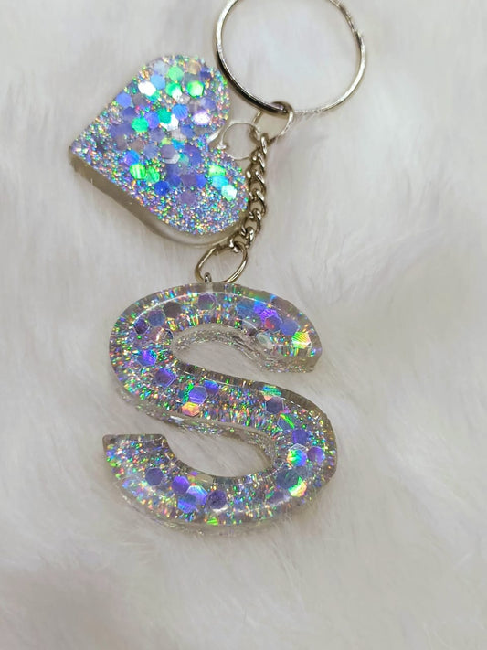 Haute Crafts Shiny Glittery Silver ("S")- with Big Heart, Resin Alphabet Initial Letter Keychain Key Ring for Women Girls Purse Handbags, Bike, Car Keyring ("S")